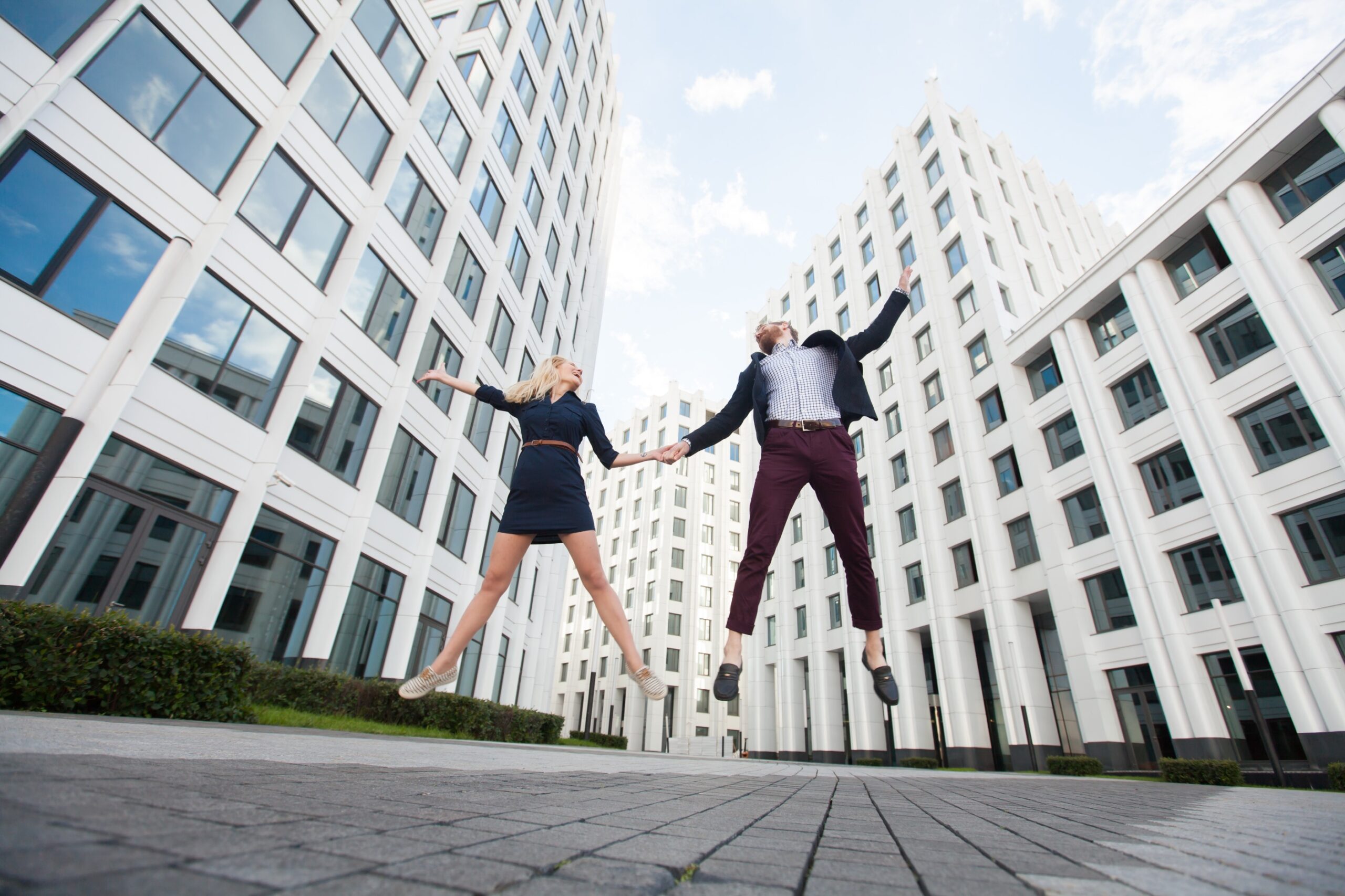 man-woman-background-white-office-building